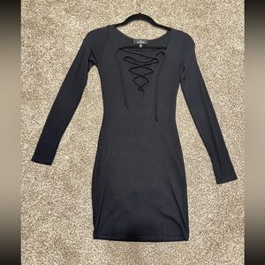 Lulu's Black Long Sleeve Lace-Up Dress